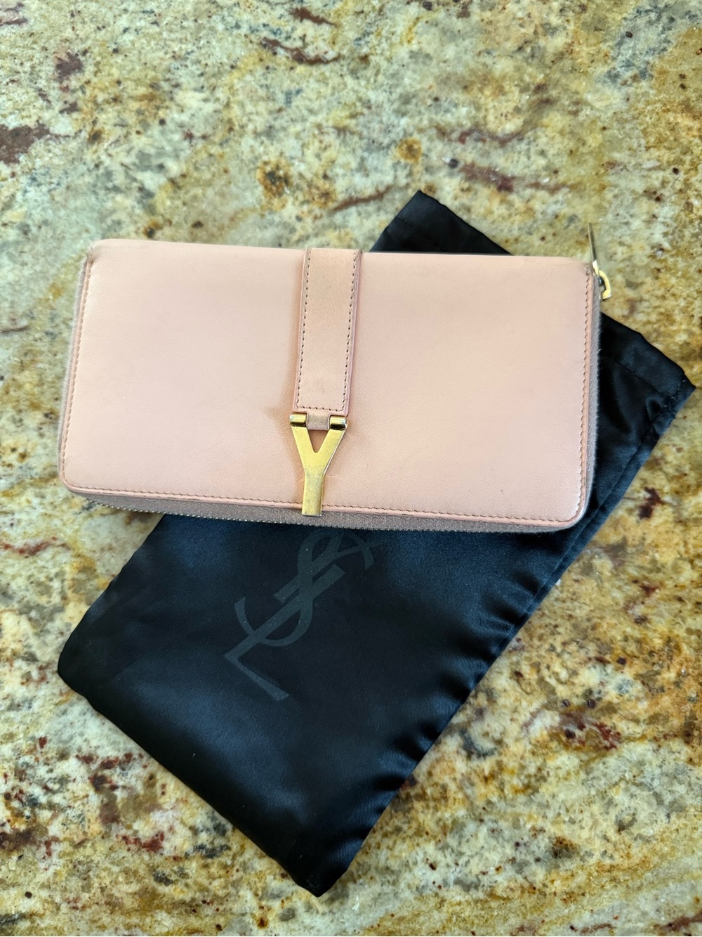 Yves Saint Laurent Blush Pink Leather Wallet with Gold Y Clasp